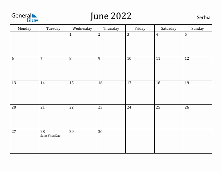 June 2022 Calendar Serbia
