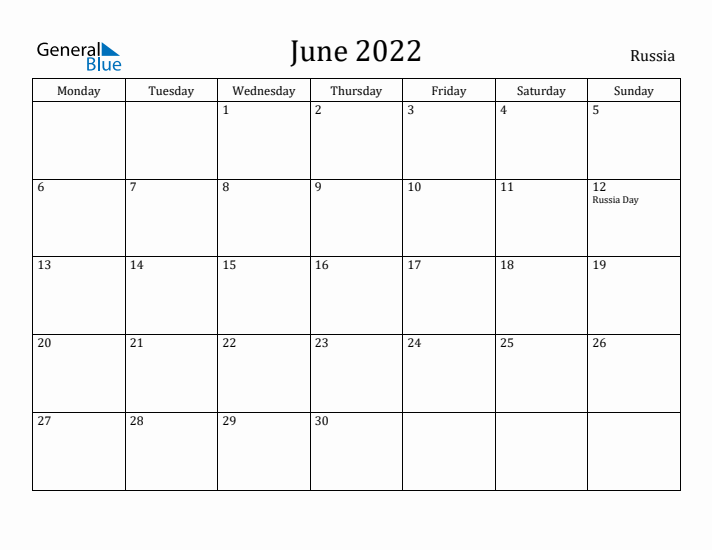 June 2022 Calendar Russia