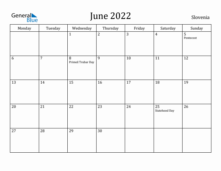 June 2022 Calendar Slovenia