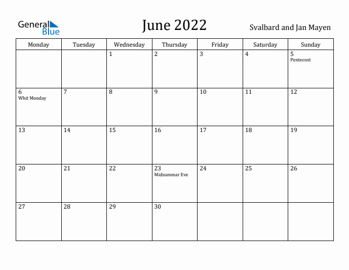 June 2022 Calendar Svalbard and Jan Mayen