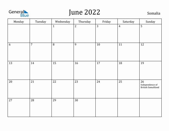 June 2022 Calendar Somalia