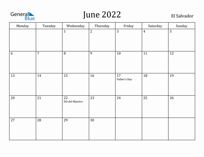 June 2022 Calendar El Salvador