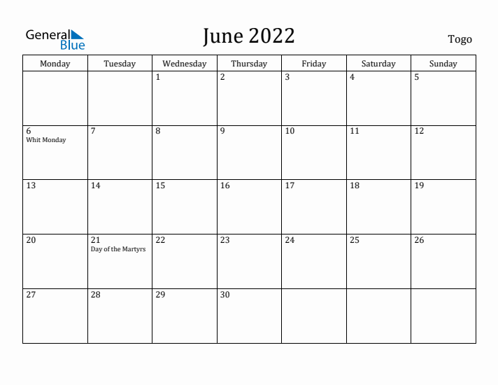 June 2022 Calendar Togo