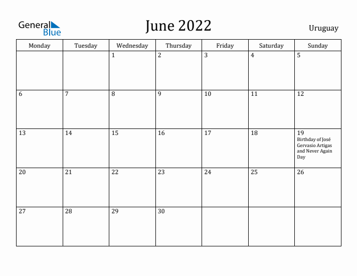 June 2022 Calendar Uruguay