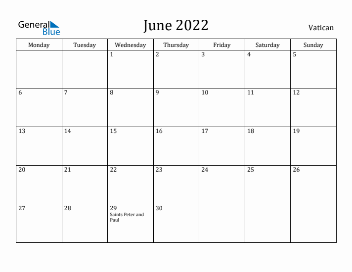 June 2022 Calendar Vatican