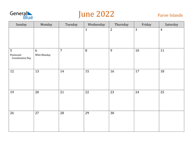 faroe islands june 2022 calendar with holidays