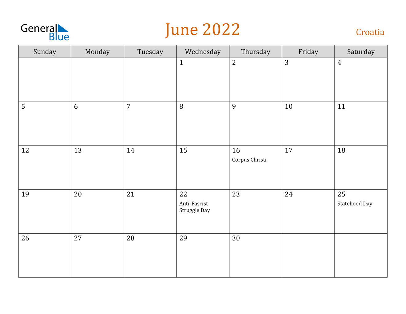 june 2022 calendar croatia