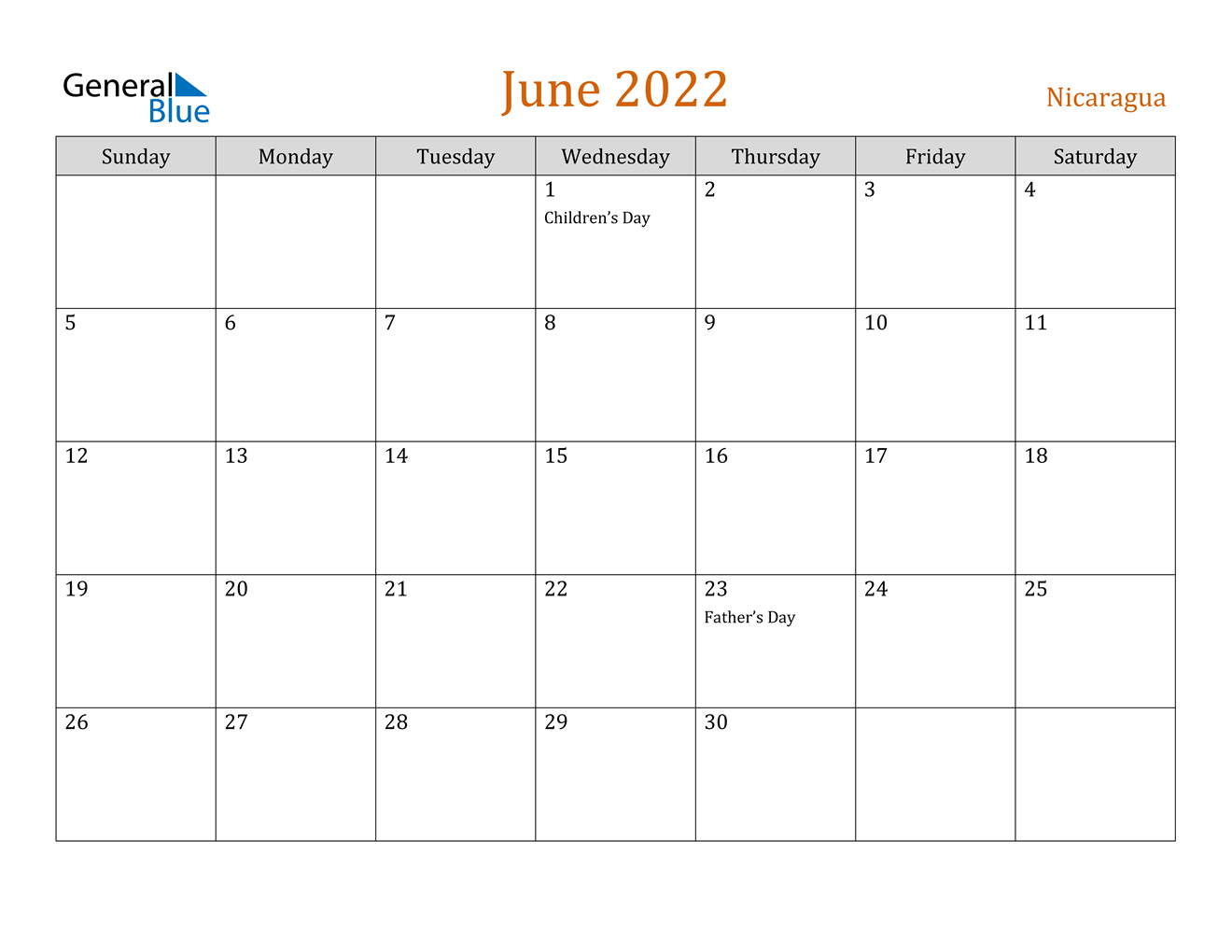 june 2022 calendar nicaragua