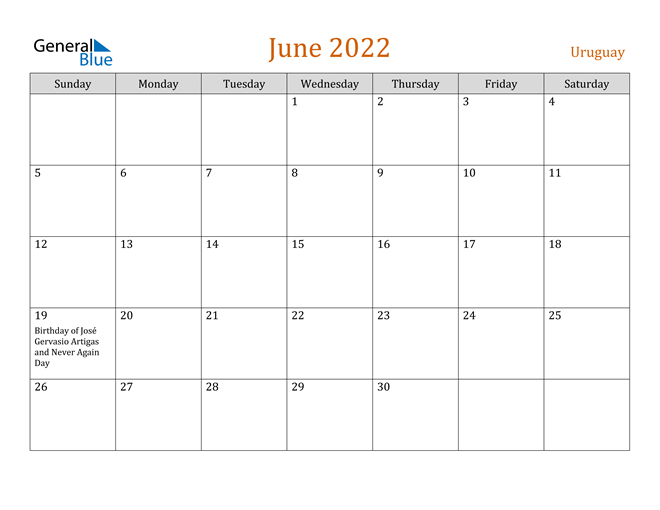 uruguay june 2022 calendar with holidays