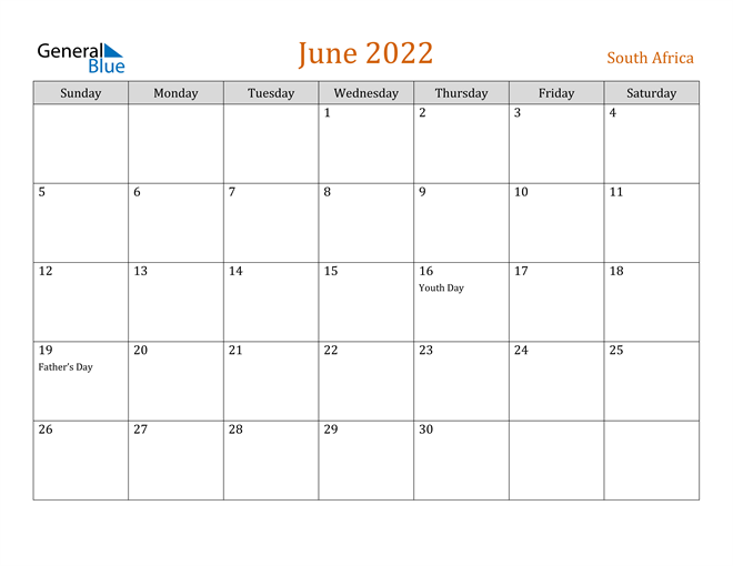 south africa june 2022 calendar with holidays