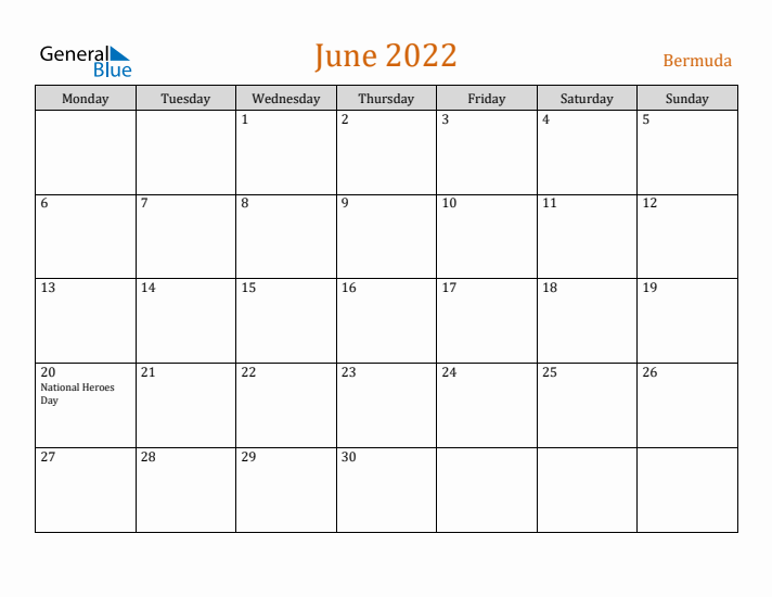 June 2022 Holiday Calendar with Monday Start