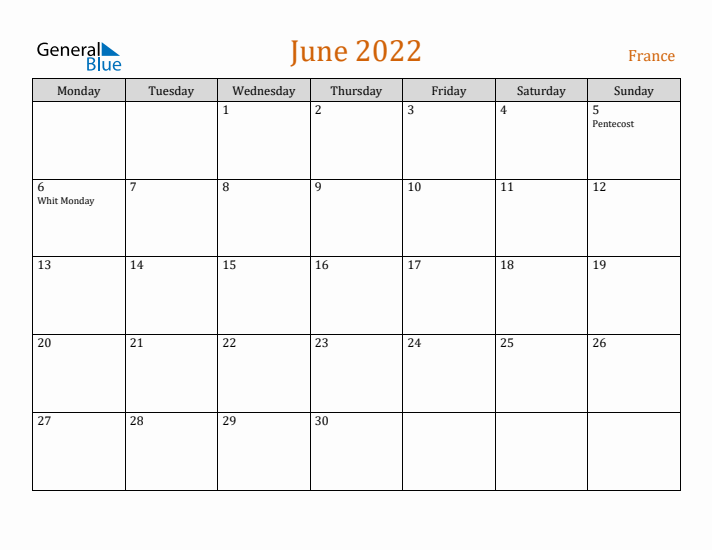 June 2022 Holiday Calendar with Monday Start
