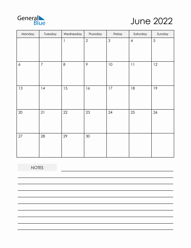 Printable Calendar with Notes - June 2022 