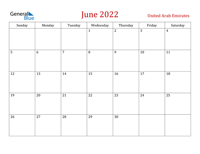 United Arab Emirates June 2022 Calendar