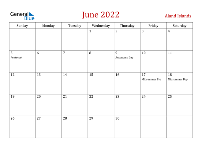 Aland Islands June 2022 Calendar