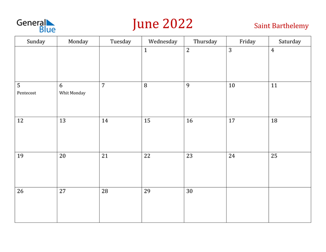 Saint Barthelemy June 2022 Calendar