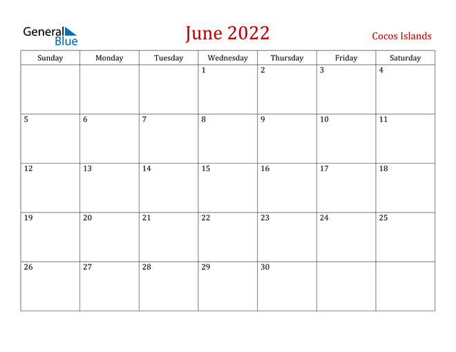 Cocos Islands June 2022 Calendar