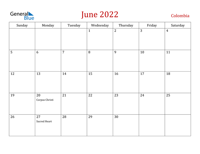 Colombia June 2022 Calendar