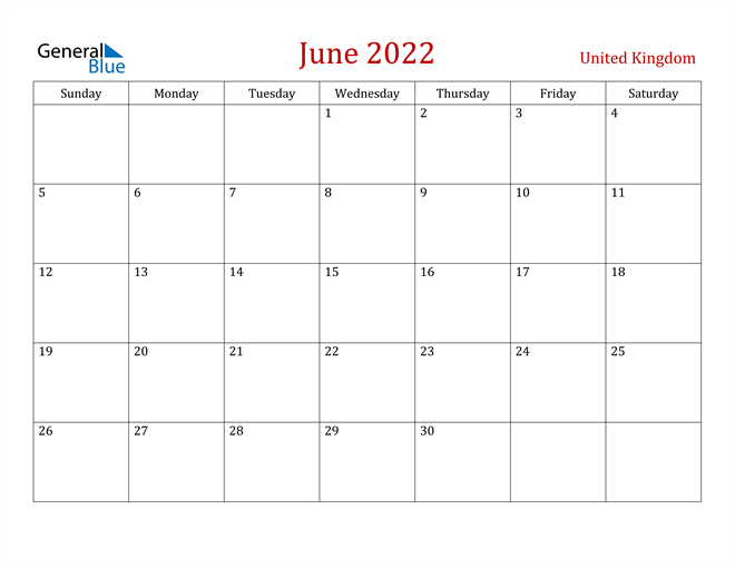 united kingdom june 2022 calendar with holidays