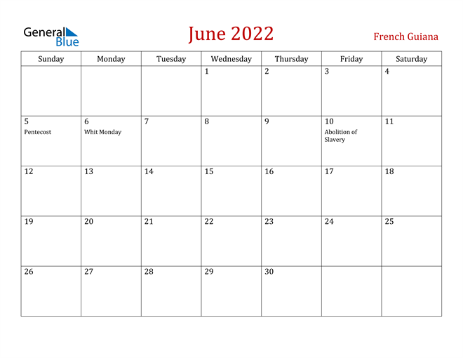 French Guiana June 2022 Calendar
