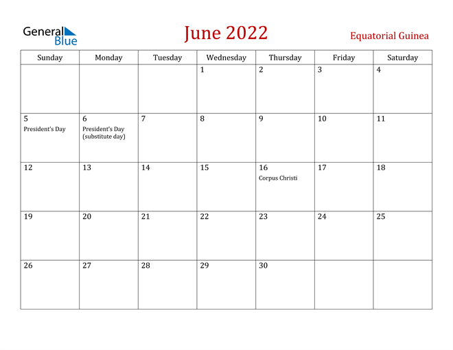 Equatorial Guinea June 2022 Calendar