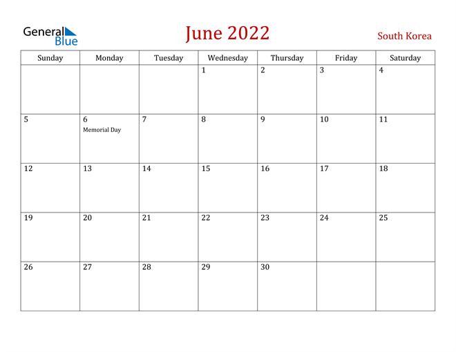 South Korea June 2022 Calendar