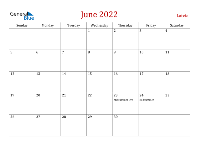 Latvia June 2022 Calendar