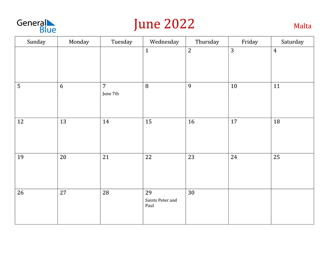Malta June 2022 Calendar
