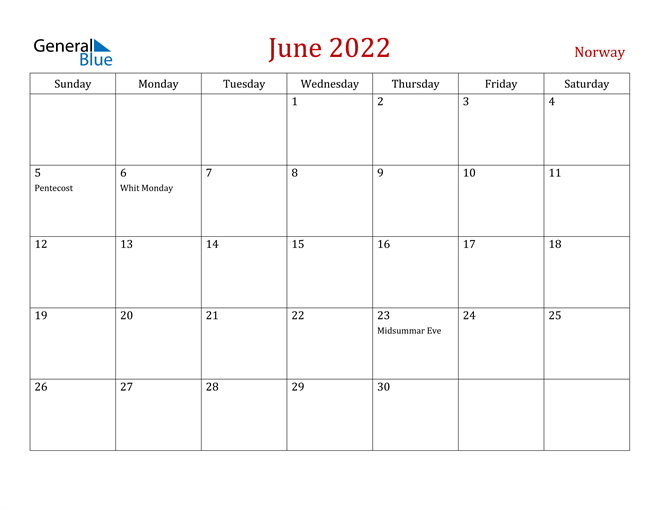 Norway June 2022 Calendar