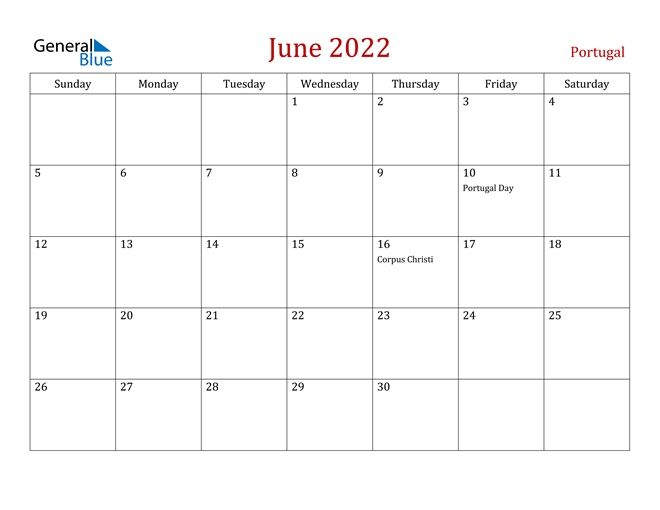 Portugal June 2022 Calendar