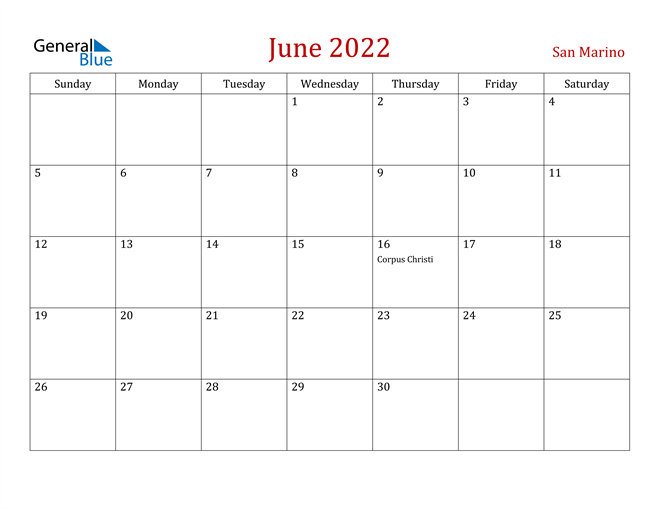 San Marino June 2022 Calendar