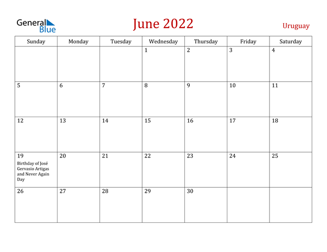 uruguay june 2022 calendar with holidays