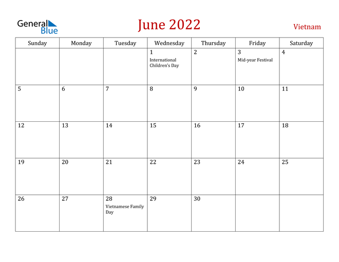 Vietnam June 2022 Calendar