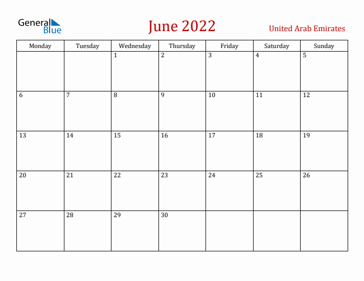 United Arab Emirates June 2022 Calendar - Monday Start