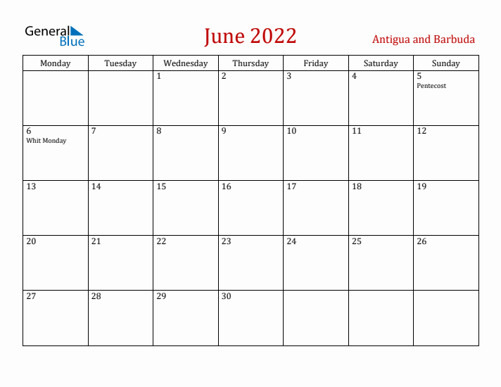 Antigua and Barbuda June 2022 Calendar - Monday Start