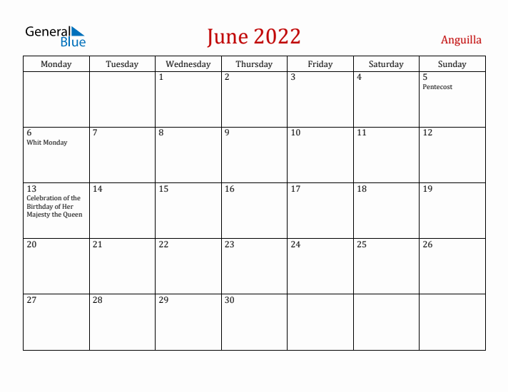 Anguilla June 2022 Calendar - Monday Start