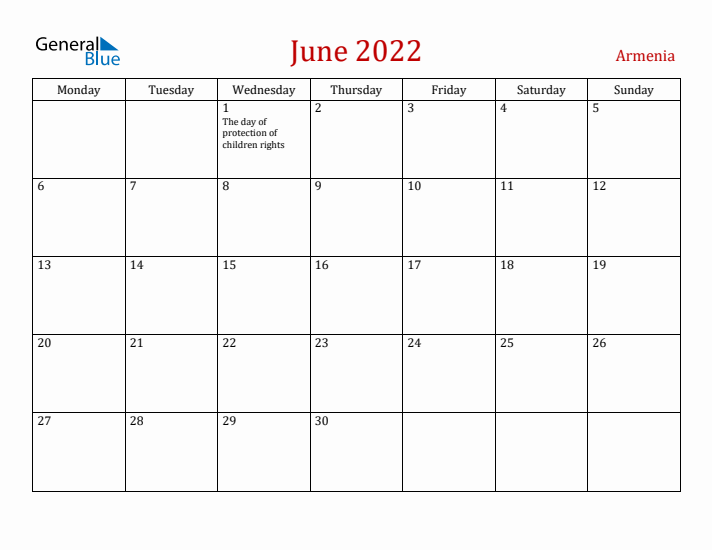Armenia June 2022 Calendar - Monday Start