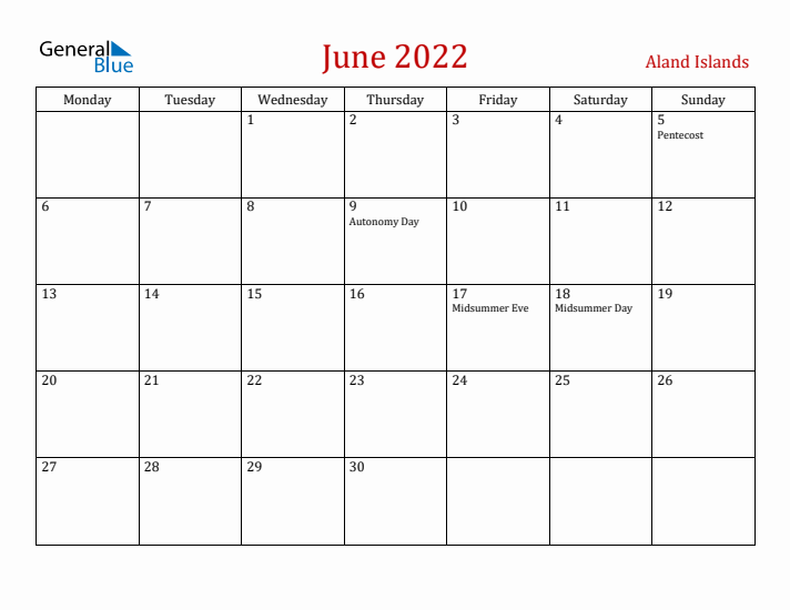 Aland Islands June 2022 Calendar - Monday Start