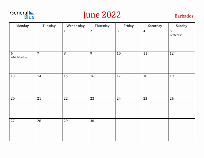 Barbados June 2022 Calendar - Monday Start