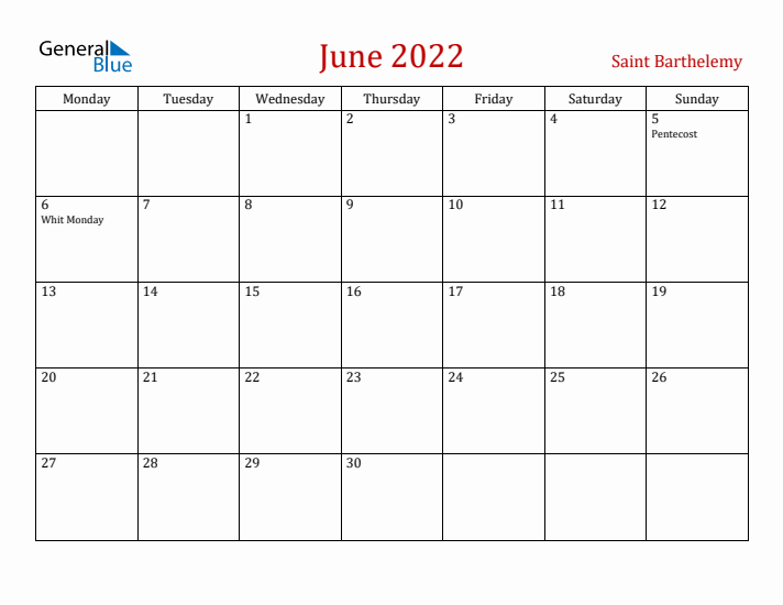 Saint Barthelemy June 2022 Calendar - Monday Start