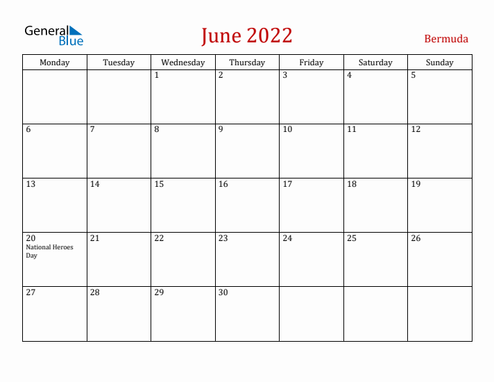 Bermuda June 2022 Calendar - Monday Start