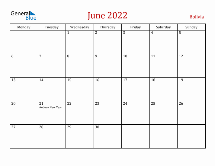 Bolivia June 2022 Calendar - Monday Start