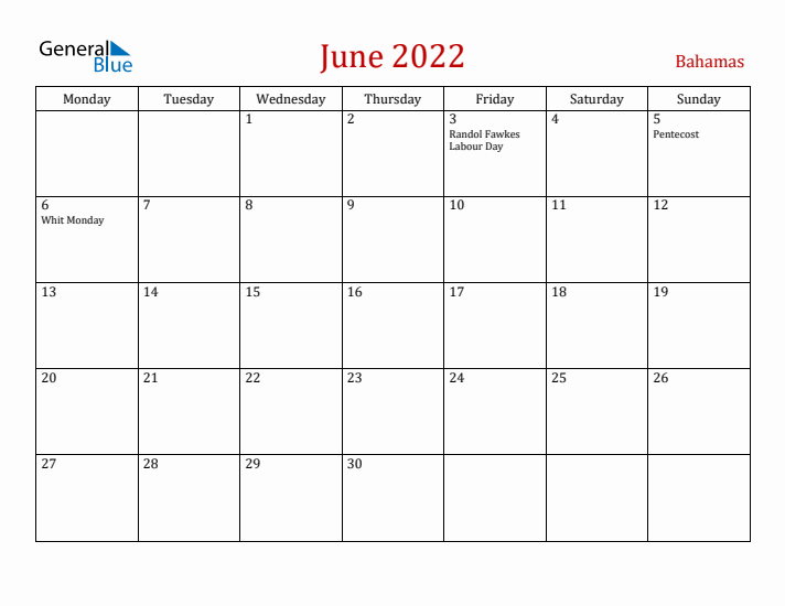 Bahamas June 2022 Calendar - Monday Start