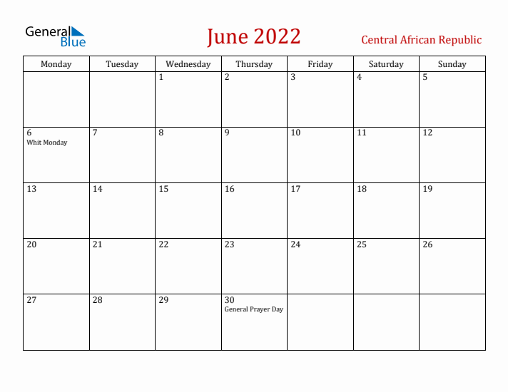 Central African Republic June 2022 Calendar - Monday Start