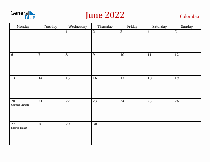 Colombia June 2022 Calendar - Monday Start