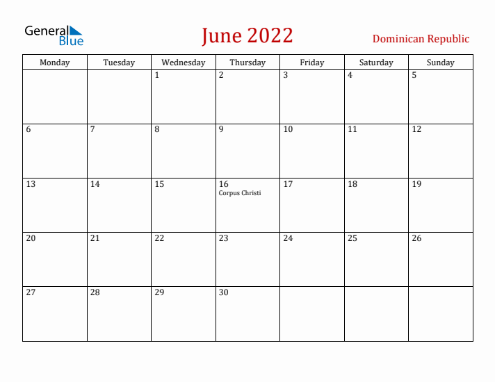 Dominican Republic June 2022 Calendar - Monday Start