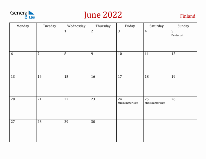 Finland June 2022 Calendar - Monday Start