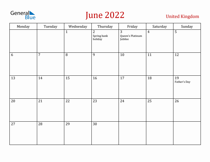 United Kingdom June 2022 Calendar - Monday Start