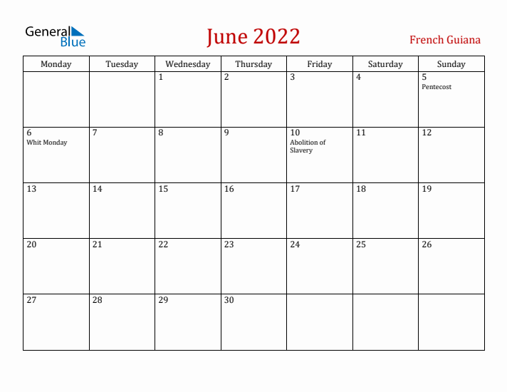 French Guiana June 2022 Calendar - Monday Start