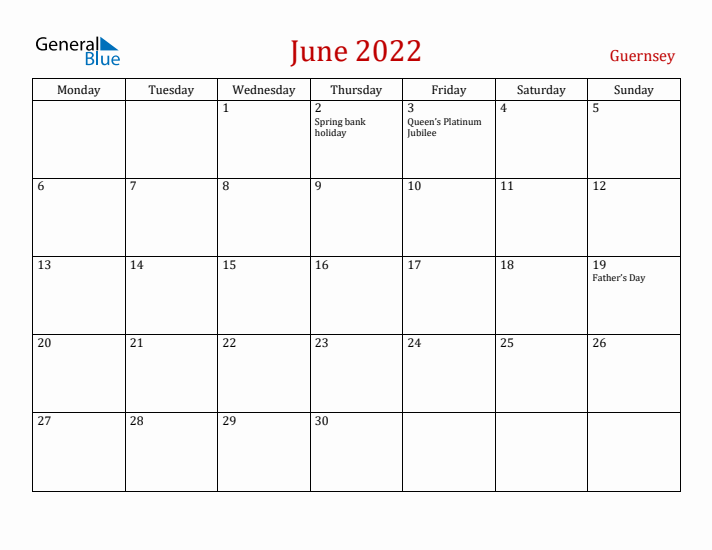 Guernsey June 2022 Calendar - Monday Start